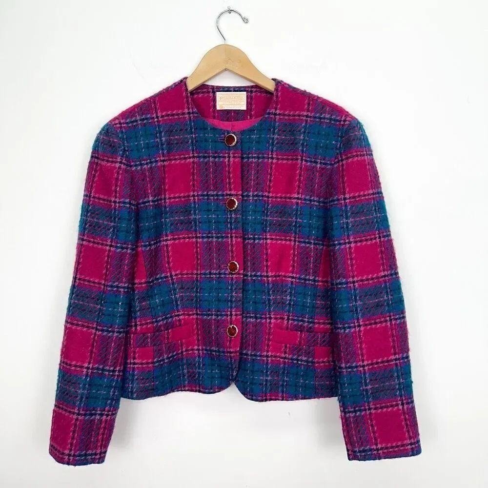 Pendleton Women’s Vintage Wool Teal Pink Checkered Scoop Neck 4 Button Blazer